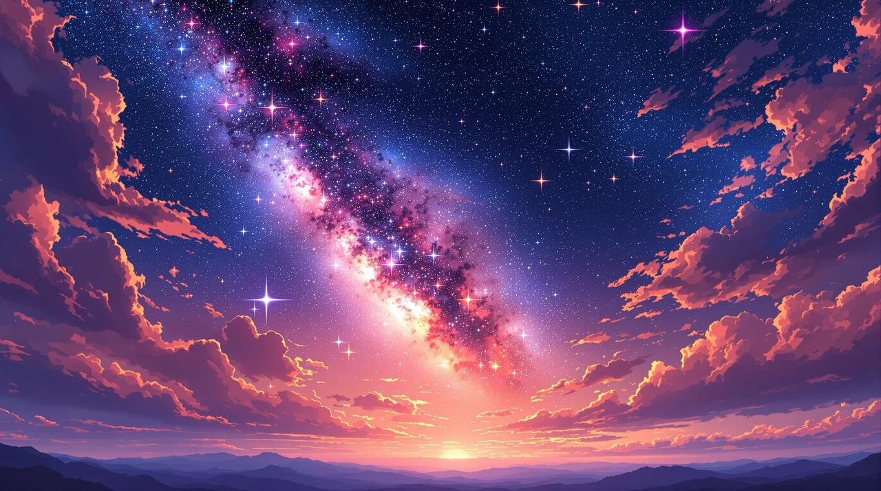 歪歪的漫画 - 广阔星空背景，璀璨星辰与流星划过夜空